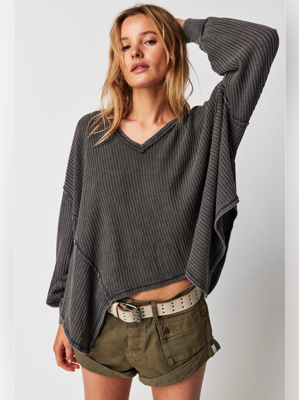 Free People We The Free Washed V-Neck Waffle Knit Sweater Coraline Thermal